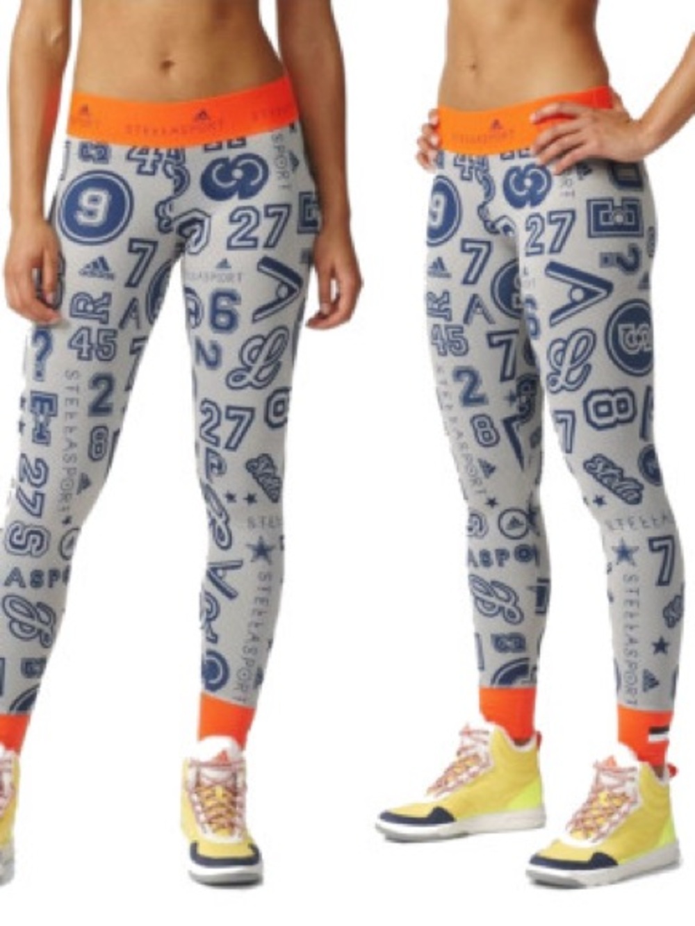 Adidas by Stella McCartney Grey Leggings with Navy Graphics and Orange Waistband